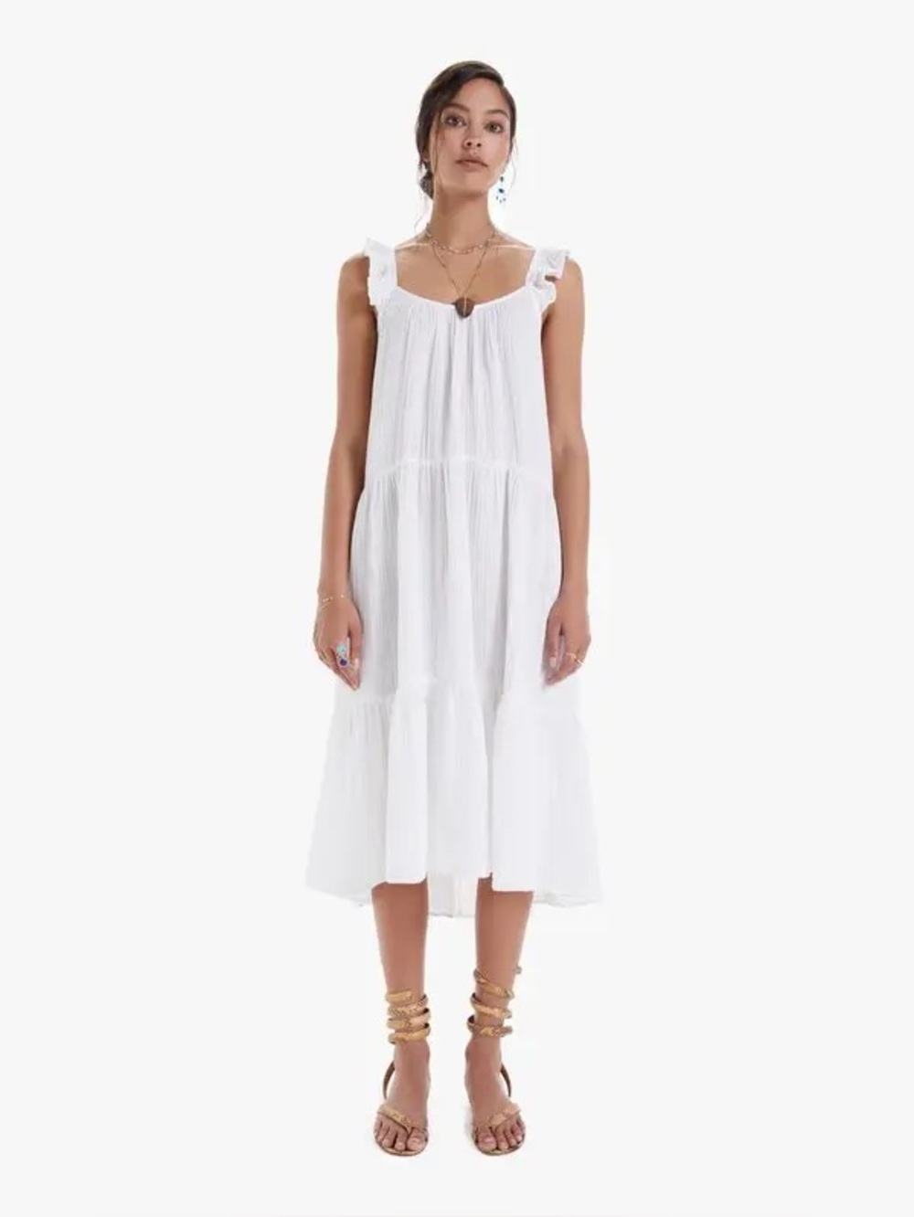 XiRENA White Tiered Ruffle Strap Midi Dress